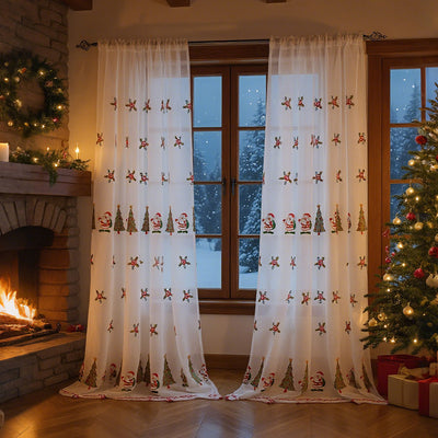 Cortina Navideña Americana con Bordado de Árbol de Navidad