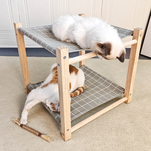 Cama Hamaca Doble para Gatos - Estructura de Madera Maciza con Niveles Separables