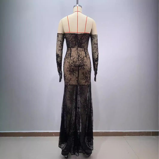 Vestido Largo Ajustado Negro con Encaje y Malla - Diseño Elegante con Abertura - Image 4