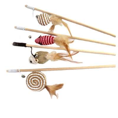 Wooden cat wand toy with a brown string, a small silver bell, a cream fabric mouse, and light brown feathers. - Image 4