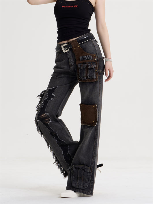 Jeans Retro Americano para Mujer con Parches de Borla y Costuras Decorativas - Image 9