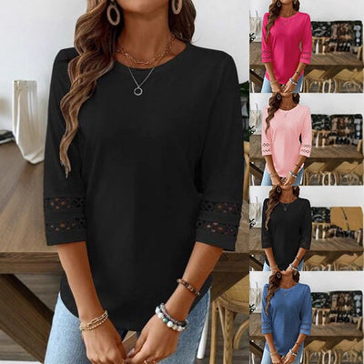 Blusa Casual para Mujer con Cuello Redondo, Encaje Patchwork y Mangas 3/4