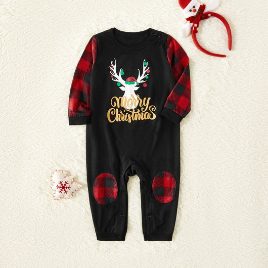 Men's Christmas pajama set with a black long-sleeve top featuring a reindeer and "Merry Christmas" text, paired with red plaid pants. - Image 9
