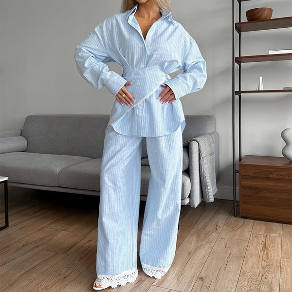 Conjunto de 3 Piezas: Camisa Casual a Rayas con Solapa y Pantalón Ancho