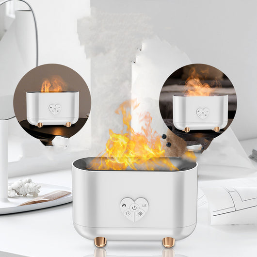 Black flame effect humidifier with a heart-shaped control panel, featuring power, timer, and light functions, on rose gold feet.