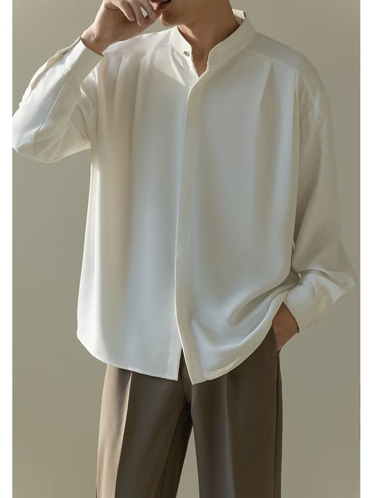 Camisa Casual Holgada de Manga Larga con Cuello Alzado para Hombre - Image 22