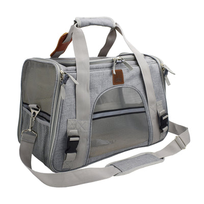 Light grey pet carrier with brown faux leather trim, mesh windows, top handles, and an adjustable shoulder strap. - Image 5