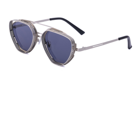 Steampunk hollow-out sunglasses for men with blue lenses, silver metal frame, and perforated side shields. - Image 17
