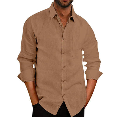 Camisa Manga Larga de Algodón y Lino para Hombre - Cuello Solapa Color Sólido - Image 6
