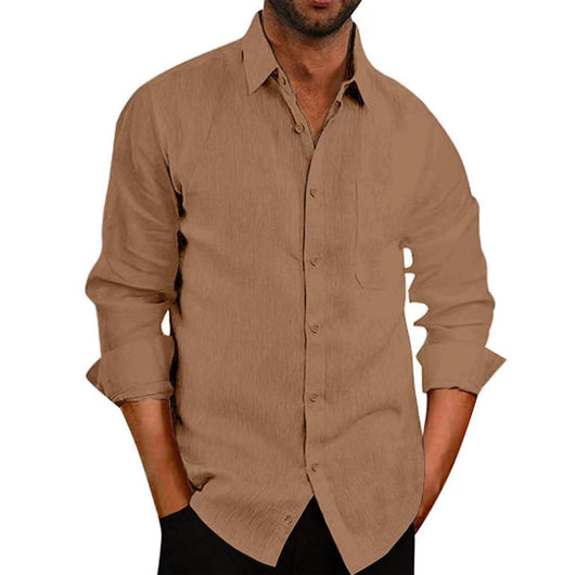 Camisa Manga Larga de Algodón y Lino para Hombre - Cuello Solapa Color Sólido - Image 6