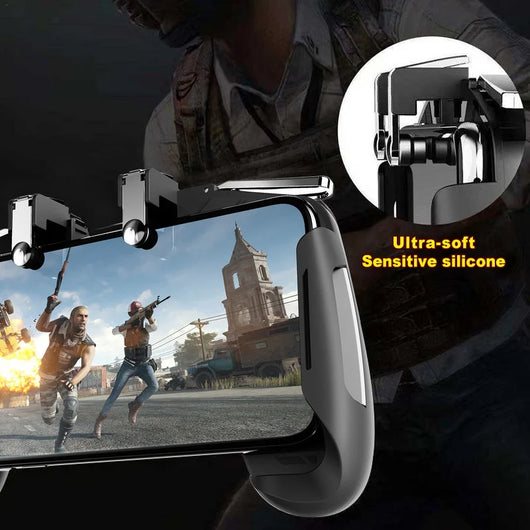 Black and white mobile game controller with L1R1 triggers holding a smartphone displaying a shooter game. - Image 10