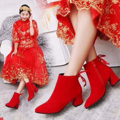 Botas Nupciales Invierno Tacón Grueso Rojo - Zapatos de Novia Elegantes - Image 9