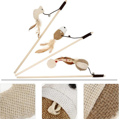 Wooden cat wand toy with a brown string, a small silver bell, a cream fabric mouse, and light brown feathers. - Image 36