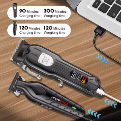 Professional hair clipper set featuring a larger black clipper with an LCD display and a smaller black trimmer, with dimensions. - Image 3