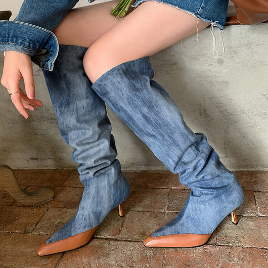 Botas Vaqueras de Tacón Alto Punta Afilada Tubo Ancho Denim Azul - Image 6
