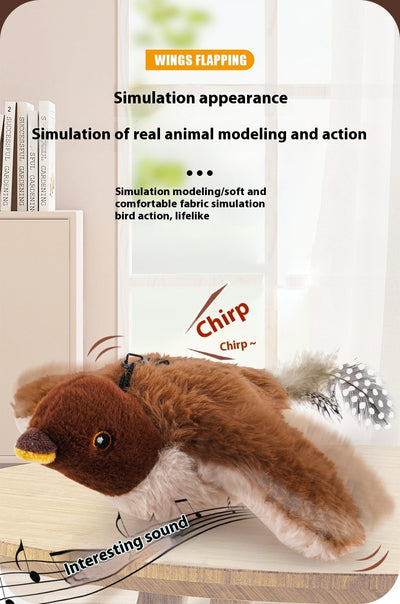 Electric simulation bird cat toy with black and white speckled plush body, olive green head, and feathered tail. Includes a black sling for hanging and USB char - Image 12