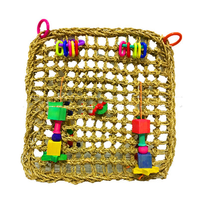 Natural straw woven parrot hammock with colorful plastic rings and wooden block toys, featuring a grey parrot. - Image 3