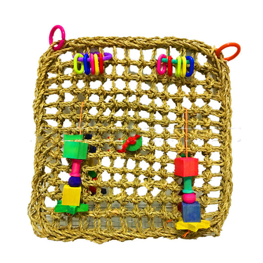 Natural straw woven parrot hammock with colorful plastic rings and wooden block toys, featuring a grey parrot. - Image 3