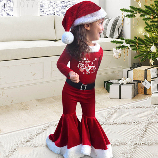 Conjunto Navideño Infantil: Blusa de Peluche, Pantalón Acampanado y Gorro