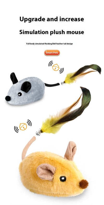 Gray plush electric mouse cat toy with black ears and eyes, featuring a yellow and green feather tail with a bell. Includes a USB charging cable and gift box. - Image 16