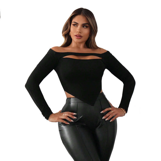 Blusa Crop Top Hombro Descubierto Ajustada para Otoño e Invierno - Image 5