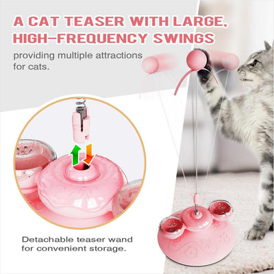 Tabby cat playing with a yellow suction cup cat toy featuring a spring-mounted teaser wand with an orange fur ball. - Image 3