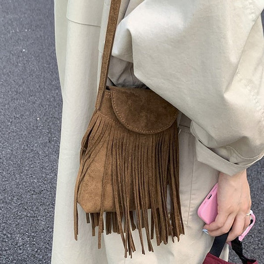 Bolso Bandolera Retro Gamuza Esmerilada con Borlas para Celular