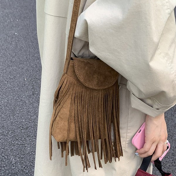 Bolso Bandolera Retro Gamuza Esmerilada con Borlas para Celular