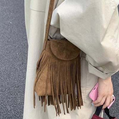 Bolso Bandolera Retro Gamuza Esmerilada con Borlas para Celular