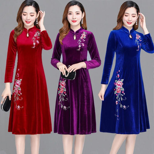 Vestido Mujer Estilo Occidental Terciopelo Dorado Manga Larga