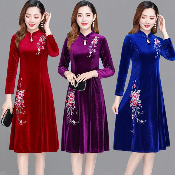 Vestido Mujer Estilo Occidental Terciopelo Dorado Manga Larga