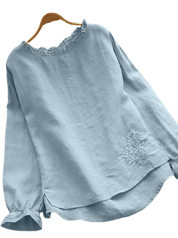 Blusa Suelta de Algodón y Lino con Cuello Bordado de Flor de Loto Japonesa