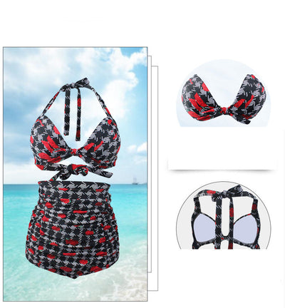 Rose bikini with a black, white, and red houndstooth pattern. Features a halter top and ruched high-waisted bottoms. - Image 9