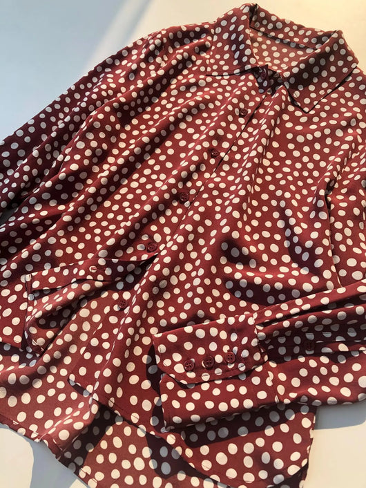 Camisa Vintage Burdeos con Lunares en Seda - Cuello Solapa Manga Larga - Image 30