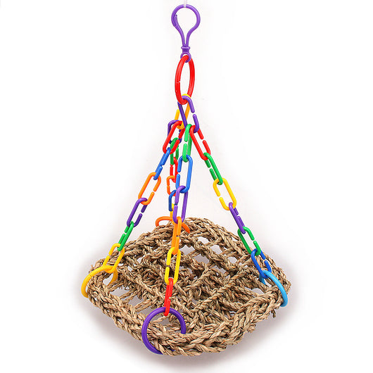 Colorful bird swing with a woven grass net and multi-colored plastic chains, designed for parrots and other birds. - Image 10