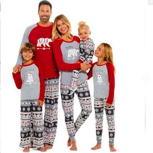 Child's Christmas pajama set with a grey 'LITTLE BEAR' top and red raglan sleeves, paired with patterned pants. - Image 11