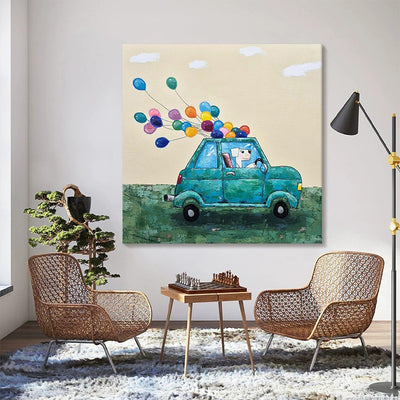 Cuadro Decorativo Lienzo Pintura al Óleo Infantil Coche Perro Globo - Image 2