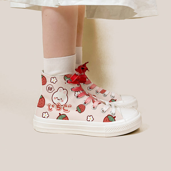 Zapatillas Altas de Lona con Diseño Adorable de Fresa y Conejo para Mujer