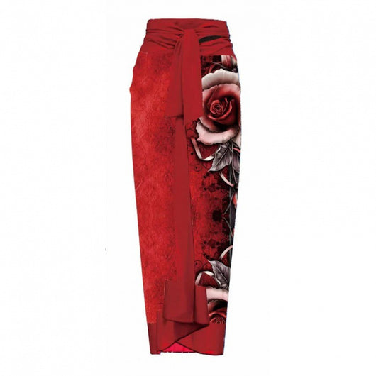 Red sarong-style maxi skirt with a large, detailed rose print on one side and a tie-waist closure. - Image 3
