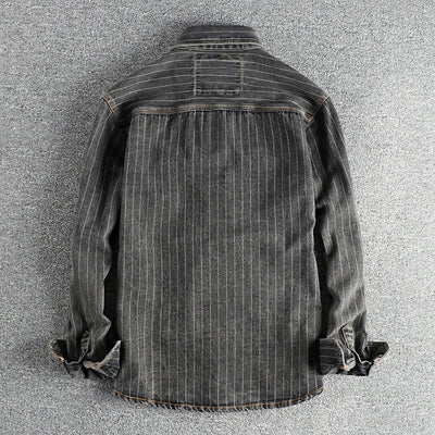 Camisa Denim Retro Británica a Rayas Negras y Grises para Hombre - Image 13