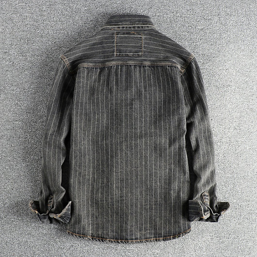 Camisa Denim Retro Británica a Rayas Negras y Grises para Hombre - Image 13