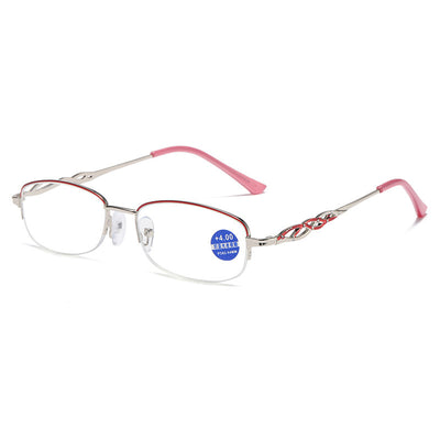 Gold half-rim anti-blue light reading glasses with red decorative temples and +1.50 magnification. - Image 12