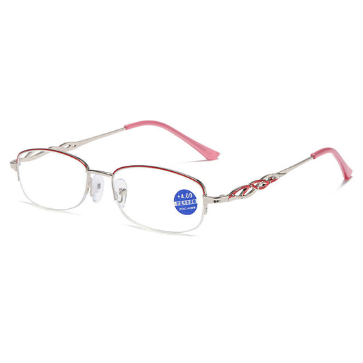Gold half-rim anti-blue light reading glasses with red decorative temples and +1.50 magnification. - Image 12