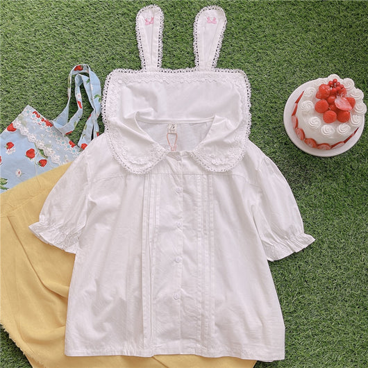 Blusa Infantil Verano con Cuello Muñeca, Orejas de Conejo y Encaje - Diseño Dulce - Image 7