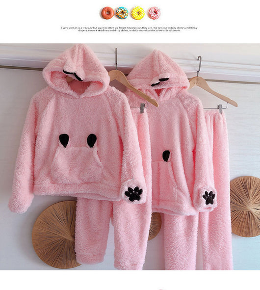 Mother and child wearing matching brown plush bear pajamas with hoods, ears, and embroidered paw gloves. - Image 11