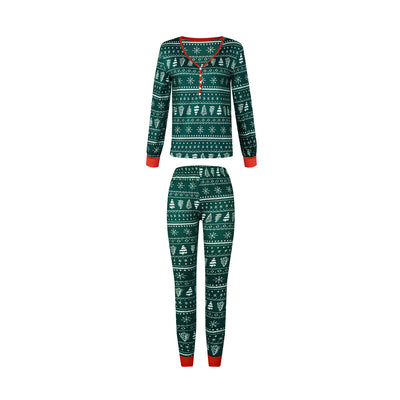 Red and white Christmas print one-piece pajama suit with reindeer, Christmas trees, and snowflakes. - Image 2