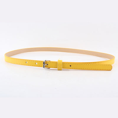 Thin brown imitation leather belt with a small silver D-shaped pin buckle, displayed on a white background. - Image 9