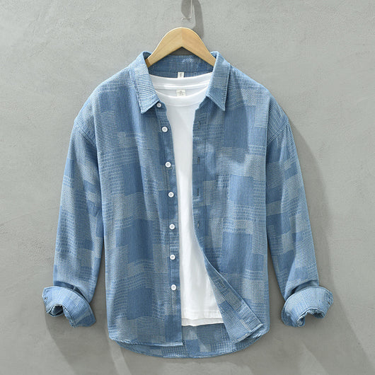 Camisa Denim Jacquard Suelta para Hombre - Manga Larga Casual - Image 7