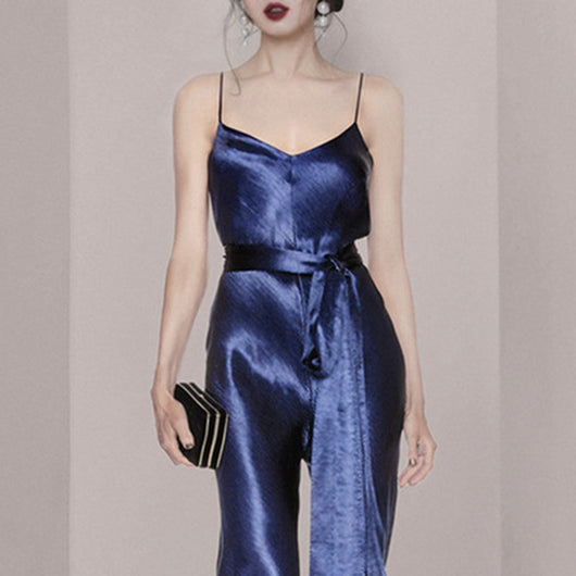 Jumpsuit de Satén Azul Talle Alto con Tirantes - Image 9