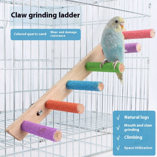 Four-section wooden inclined ladder with colorful frosted perches for birds to grind claws. Measures 21x9cm.